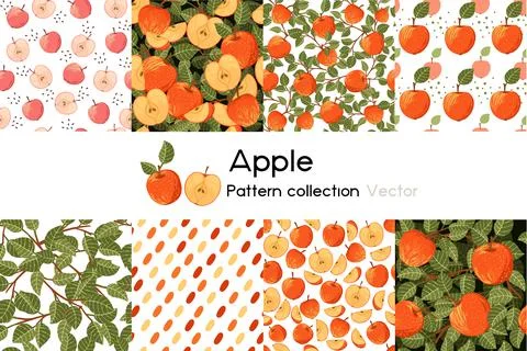 Pattern with seamless patterns collection of whole and sliced apple with leaves Stock Illustration