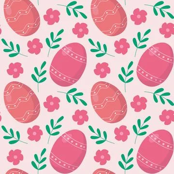 Pattern seamless with pink Easter eggs, flowers and brunches. Stock Illustration