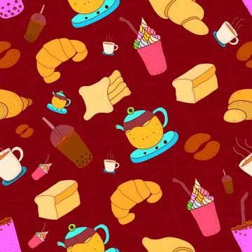 Pattern seamless set of croissant and coffee. drawing flat colorful design 스톡 일러스트