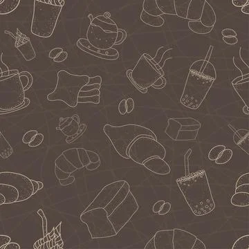Pattern seamless set of croissant and coffee. drawing doodle design style. Illustrazione stock
