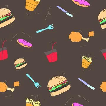 Pattern seamless set of fast food and drink. no line shape flat pastel color Stock Illustration