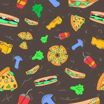 Pattern seamless set of fast food and drink. no line shape flat pastel color Stock Illustration