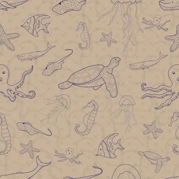 Pattern seamless set of sea animal. world ocean day. doodle hand drawing Illustrazione stock