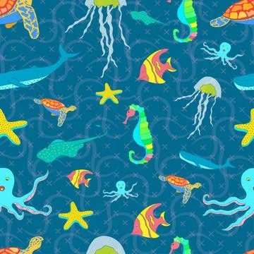 Pattern seamless set of sea animal. world ocean day. doodle hand drawing 스톡 일러스트