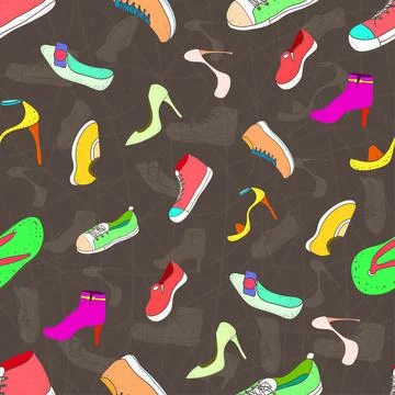Pattern seamless set of women shoes. minimal drawing design vintage style. Stock Illustration