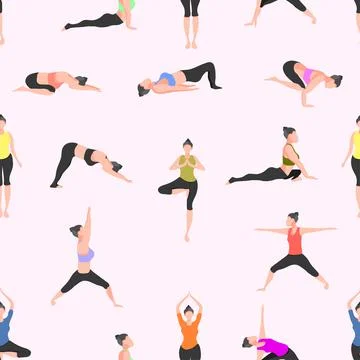 Pattern seamless set of yoga. female pose mountain downward dog warrior tree Stock Illustration