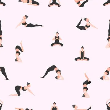 Pattern seamless set of yoga. pose fitness girl black uniform. vector Stock Illustration