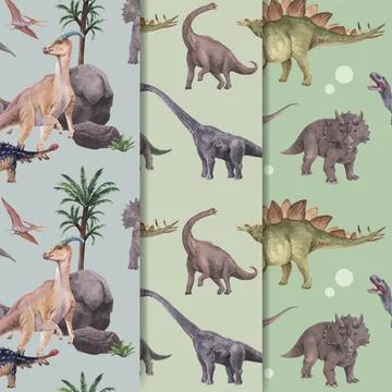 Pattern seamless template with dinosaur concept,watercolor style Stock Illustration