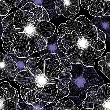 Pattern Seamless Vector Anemones Graphic Lineart Flowers Black Stock Illustration