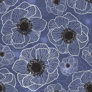 Pattern Seamless Vector Anemones Graphic Lineart Flowers Grey Stock Illustration