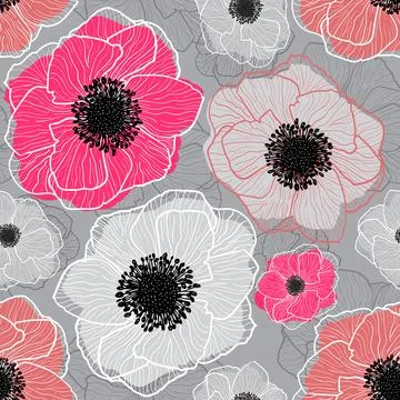 Pattern Seamless Vector Anemones Graphic Pink Flowers Stock Illustration