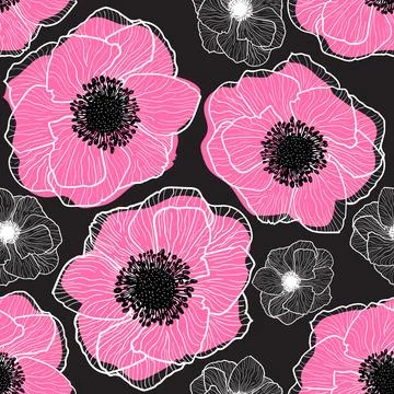 Pattern Seamless Vector Anemones Graphic Black Pink Flowers Stock Illustration