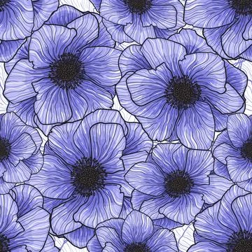 Pattern Seamless Vector Anemones Graphic Purple Flowers Stock Illustration