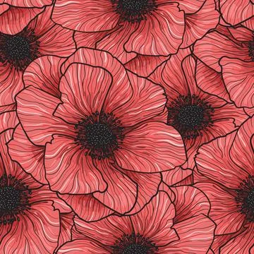 Pattern Seamless Vector Anemones Graphic Red Flowers Stock Illustration
