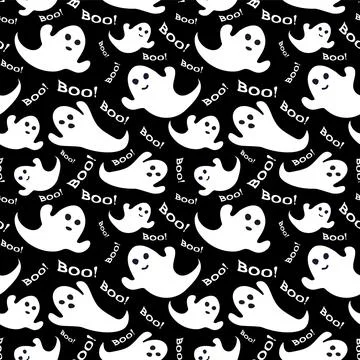 Pattern seamless white ghosts fly on a black background. Vector Illustration Stock Illustration