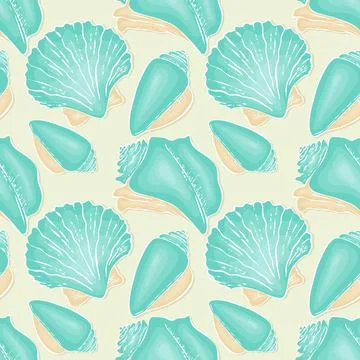 Pattern Seashell hand drawn doodle drawing, blue and beige pastel tone. Illustrazione stock