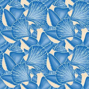 Pattern Seashell hand drawn doodle drawing, blue and beige colors. イラスト素材
