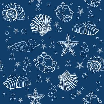 A pattern of seashells of different colors on a blue background, vector illus Illustrazione stock