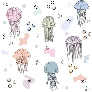Pattern of seashells of different colors on a white background, vector illust Stock Illustration