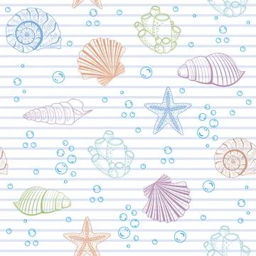 A pattern of seashells of different colors on a white striped background, vec 스톡 일러스트