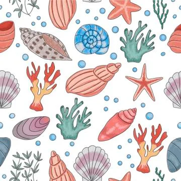 Pattern with seashells on white background Stock Illustration