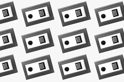 Pattern of security safe boxes isolated on white background. Black and white. 스톡 사진