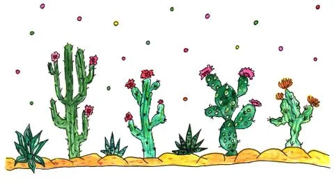 Pattern set with cacti and flowers on white background. Stock Illustration