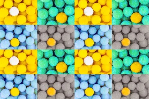 Pattern set cells candy dragee bright yellow green mint gray tinted Stock Photos