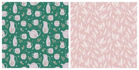 Pattern set with ceramic crockery and plants Stock Illustration