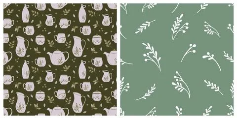Pattern set with ceramic kitchenware and plants Stock Illustration