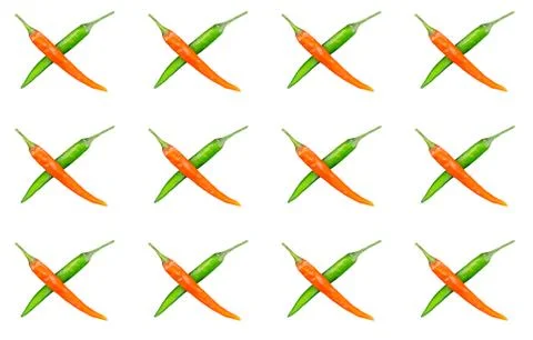 Pattern set crossed pod chili red green fruit on isolated background base Stock Photos
