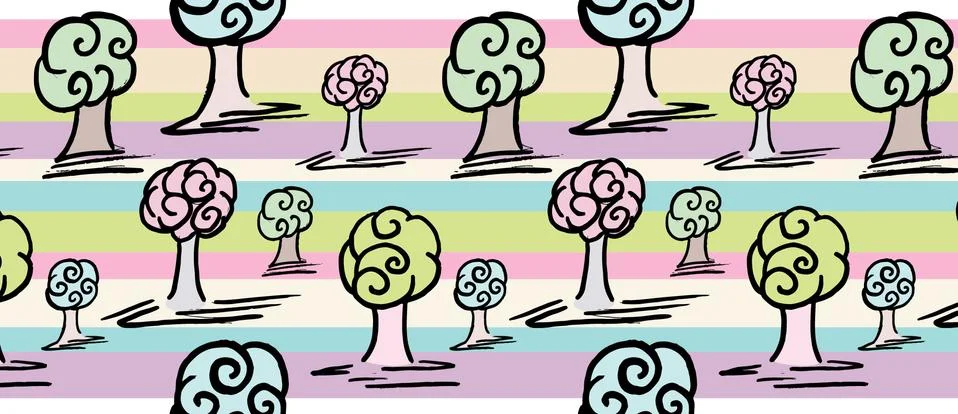 Pattern with set of cute trees on Abstract line pattern Illustration template Illustrazione stock