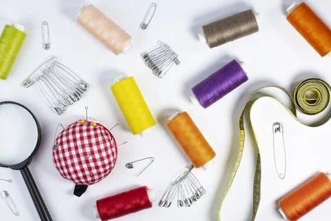 Pattern, set of details for sewing and needlework top view. Stock Photos