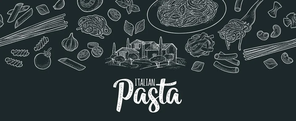 Pattern set with different types of pasta. Vector vintage engraving Stockillustratie