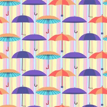 Pattern with a set of flat umbrellas Colorful with stripes background. Stock Illustration