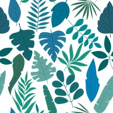 Pattern set of groups of different blue and green tropical exotic leaves Stock Illustration