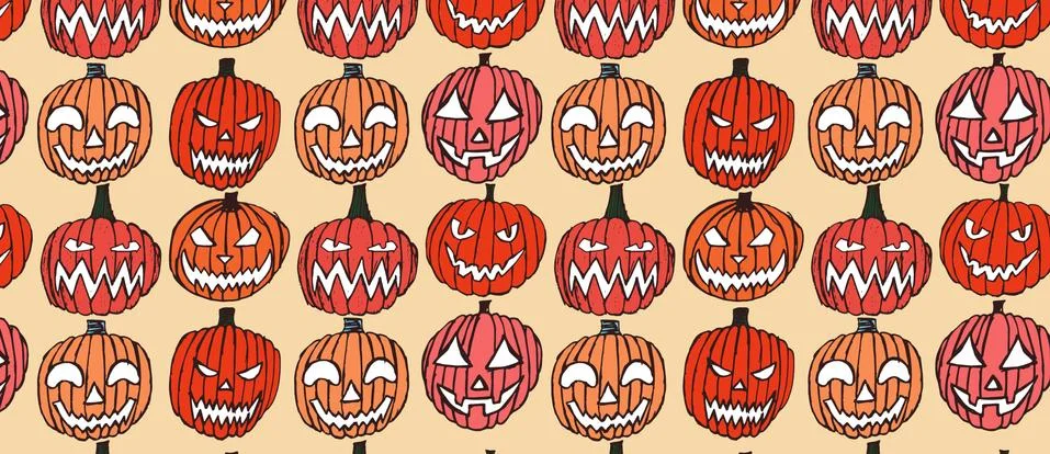 Pattern with Set of Halloween scary pumpkins. Stock Illustration