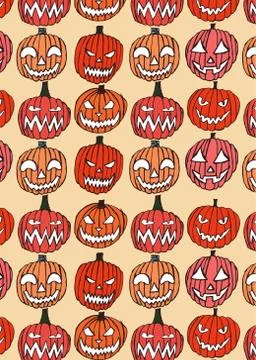 Pattern with Set of Halloween scary pumpkins. Stock Illustration
