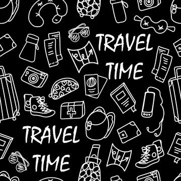 Pattern set of items for travel, tourism on black Stock Illustration