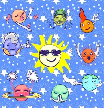 Pattern with set of planets with faces on stars. Stock Illustration