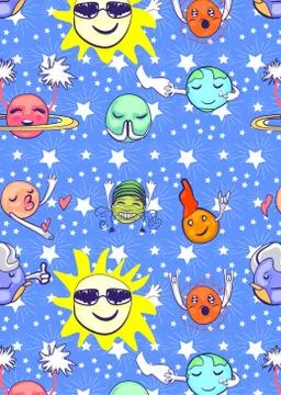 Pattern with set of planets with faces on stars. Stock Illustration