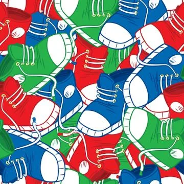 Pattern with a set of red and blue sports sneakers. Stock Illustration