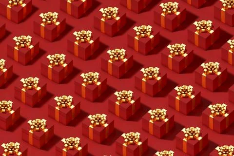 Pattern from set of red gift boxes with golden ribbon and bow on red background Stock Photos