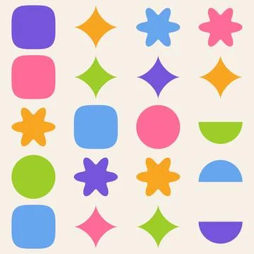 Pattern set of vibrant abstract shapes including stars squares circles and .. Illustrazione stock