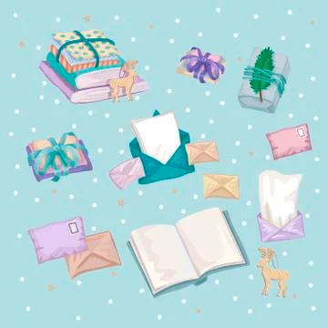 Pattern from a set of winter things, books, scarfs, gifts, mittens and snow. A Stock Illustration