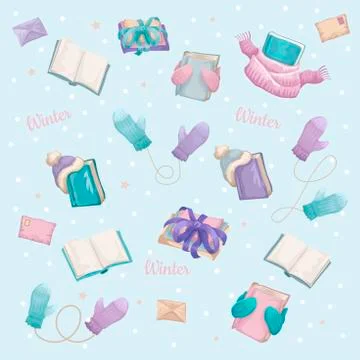 Pattern from a set of winter things, books, scarfs, gifts, mittens and snow. A Stock Illustration