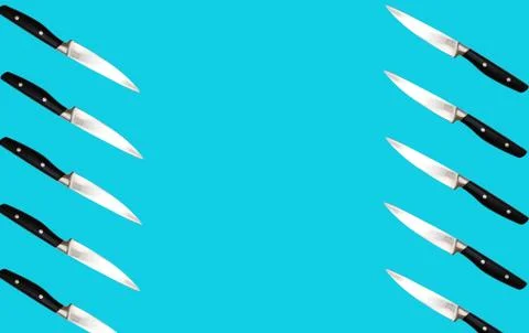 Pattern with sharp kitchen metal knives with black handle. Stock Photos