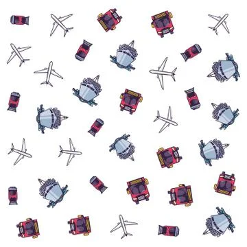 Pattern of ship cruise boat with train and transports Illustrazione stock