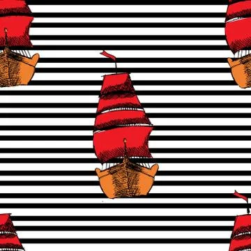 Pattern with ships with RED sails on black line Stock Illustration