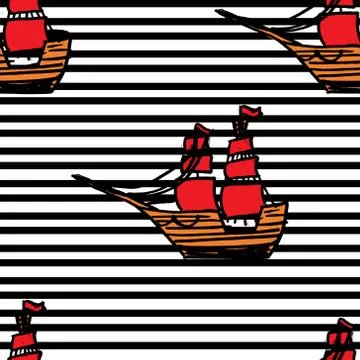 Pattern with ships with RED sails on black line Stock Illustration